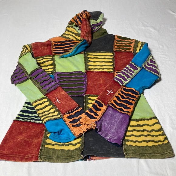 Vintage KPC Hooded Jacket‎ Women's Size Large Patchwork Jacket Distressed Hippie - Picture 3 of 6